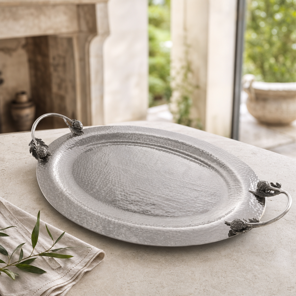 Artichoke Handle Large Steel Serving Tray