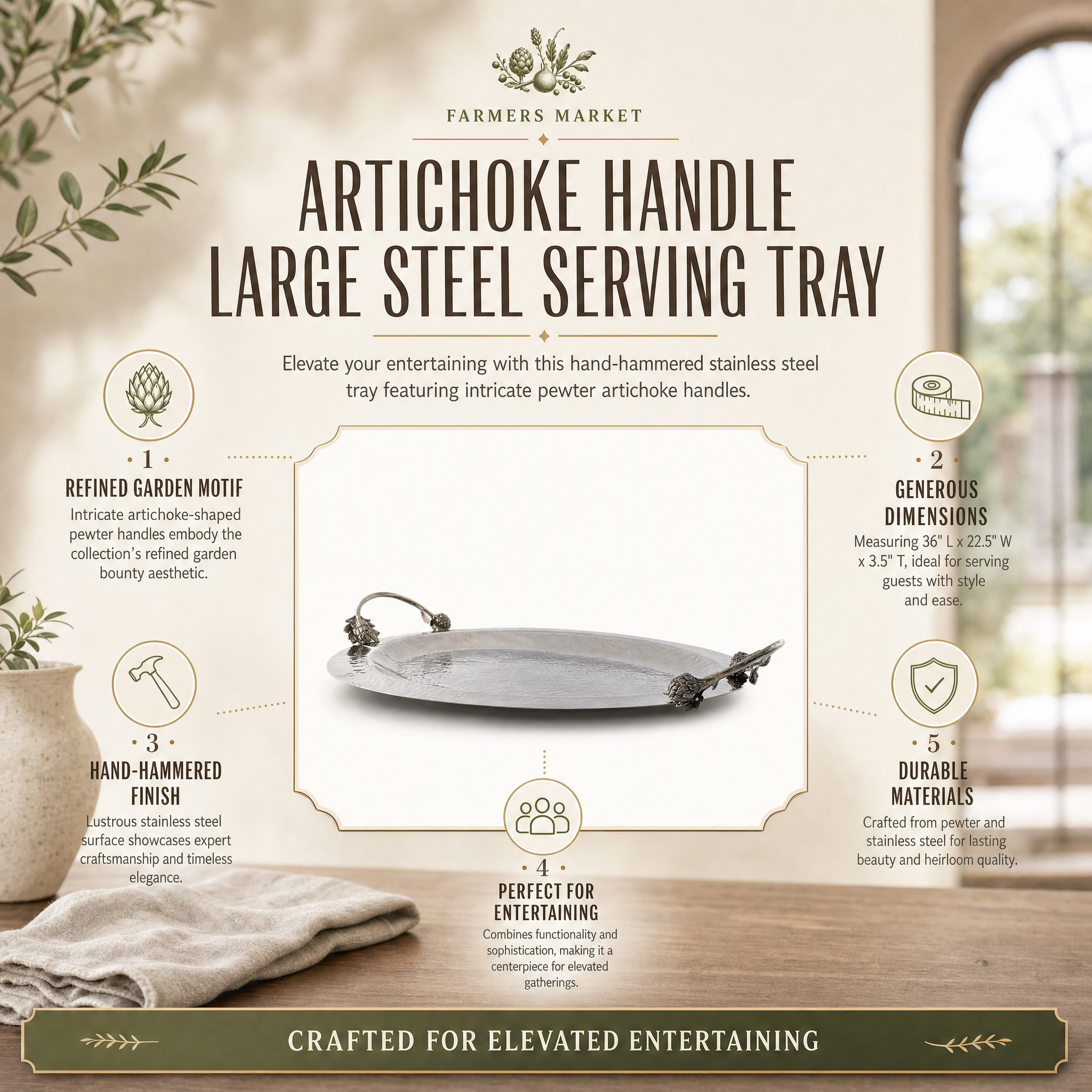 Artichoke Handle Large Steel Serving Tray