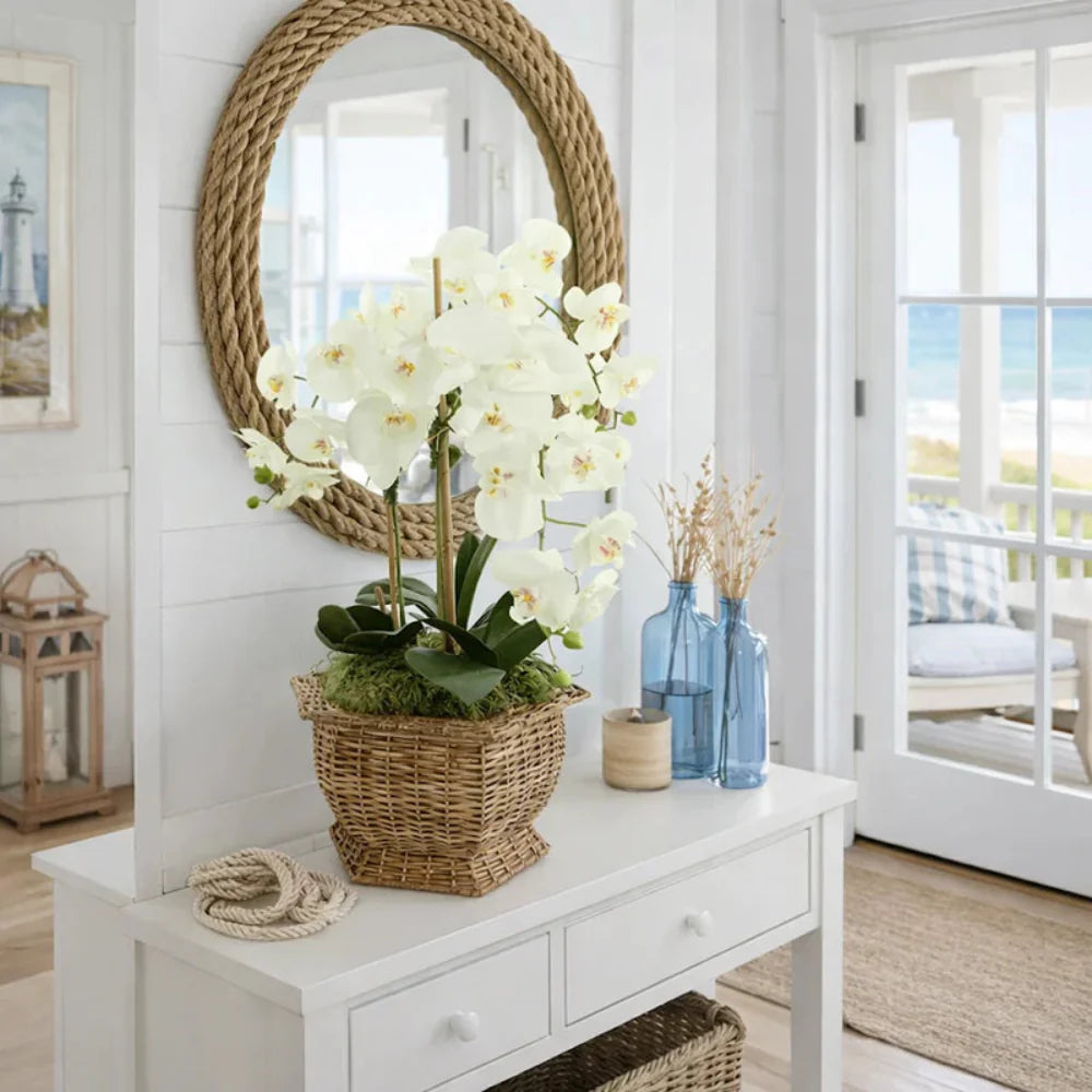 White hallway with a mirror, wicker planter and orchid, and a door leading outside