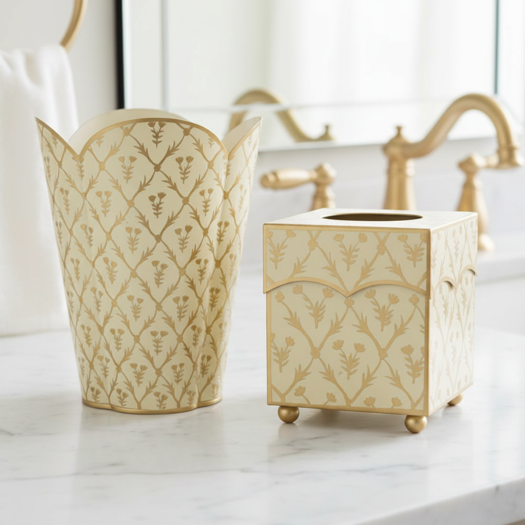 Decorative trash can and tissue box with gold pattern on a white surface.