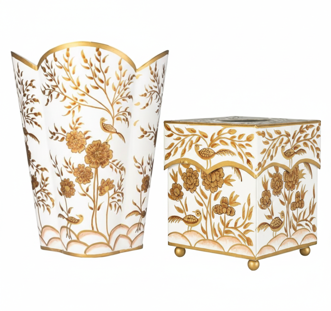 Decorative trash can and tissue box holder with gold floral patterns on a white background