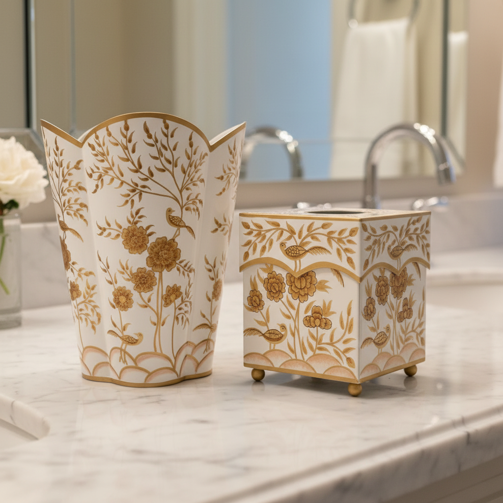 Decorative chinoiserie trash can and tissue box with floral patterns and pheasants on a marble surface.