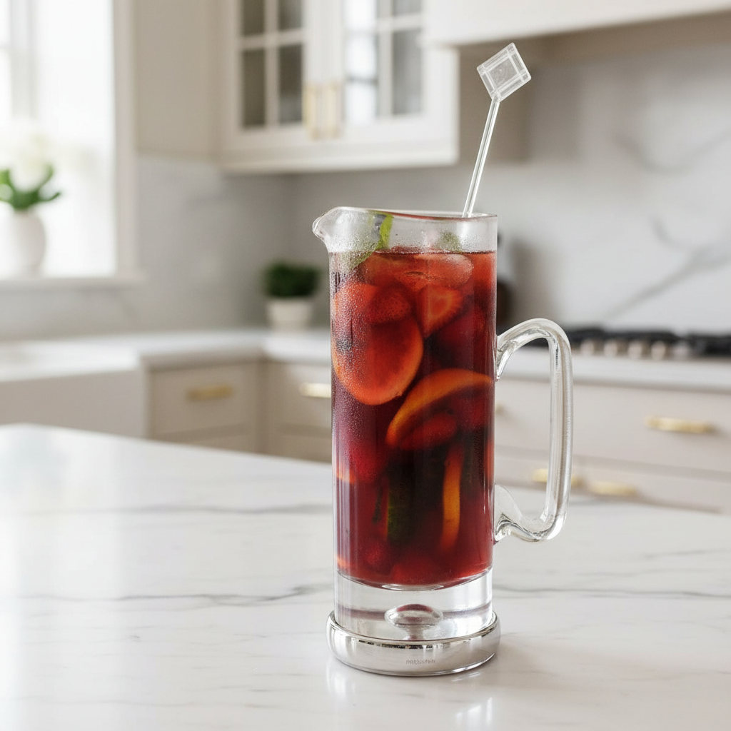 Glass and sterling silver pitcher of iced tea with fruit on a kitchen counter