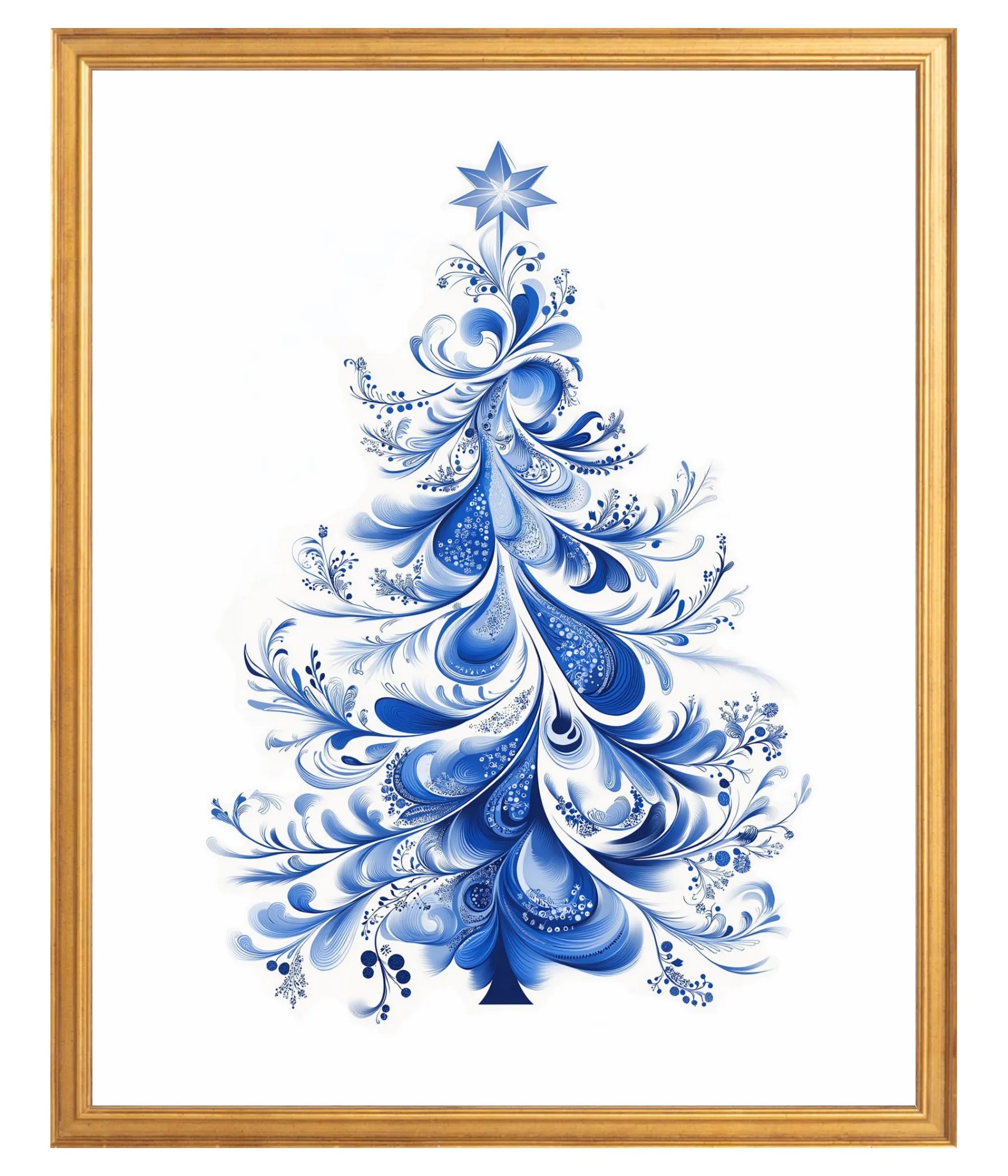 Decorative blue Christmas tree with a gold frame on a white background