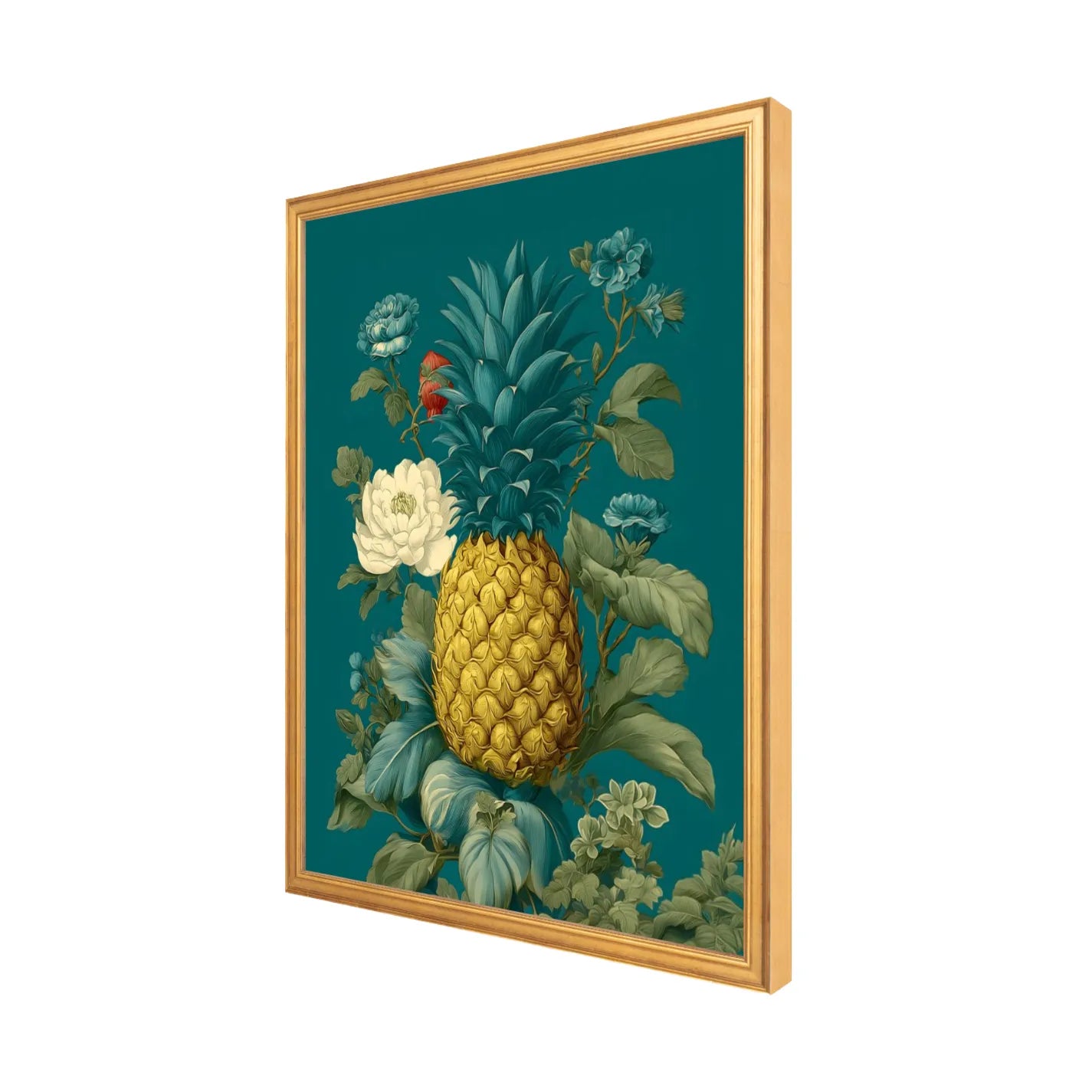 Gold Framed artwork of a pineapple surrounded by flowers and leaves on a teal background 16" x 20" side view