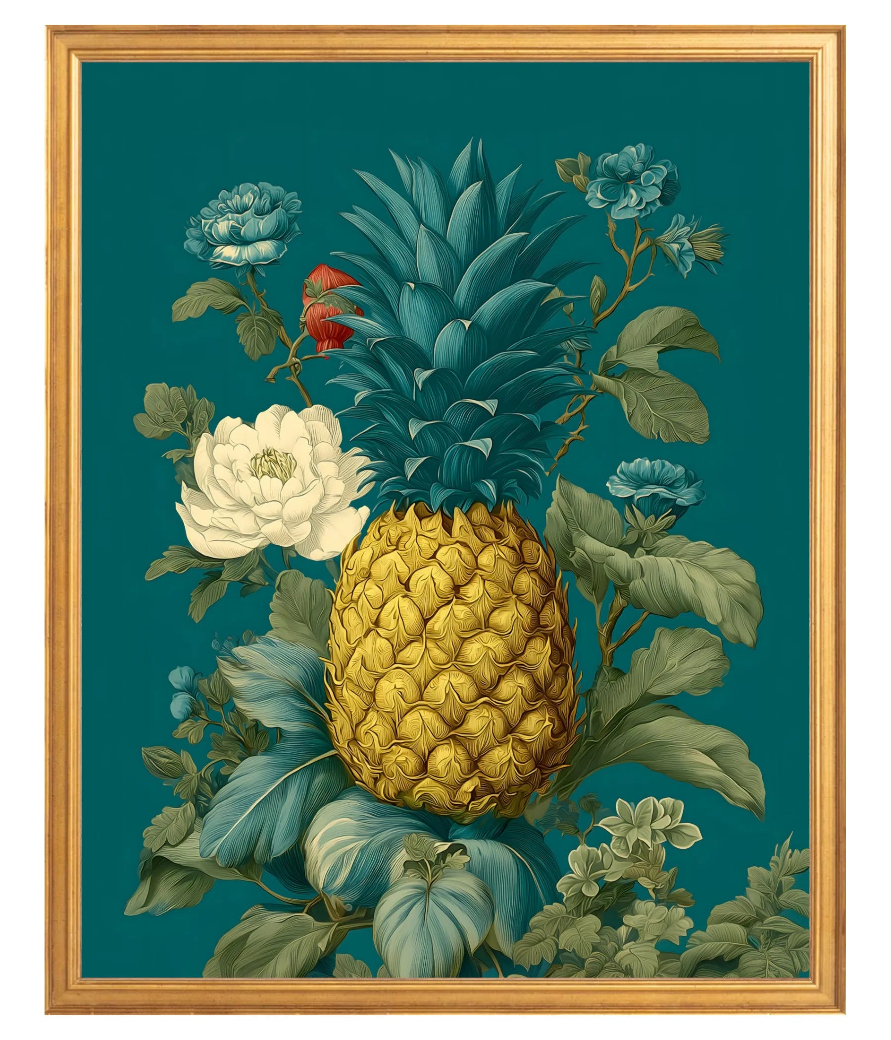 Decorative painting of a pineapple surrounded by flowers and leaves on a teal background, framed in Gold 16" x 20"