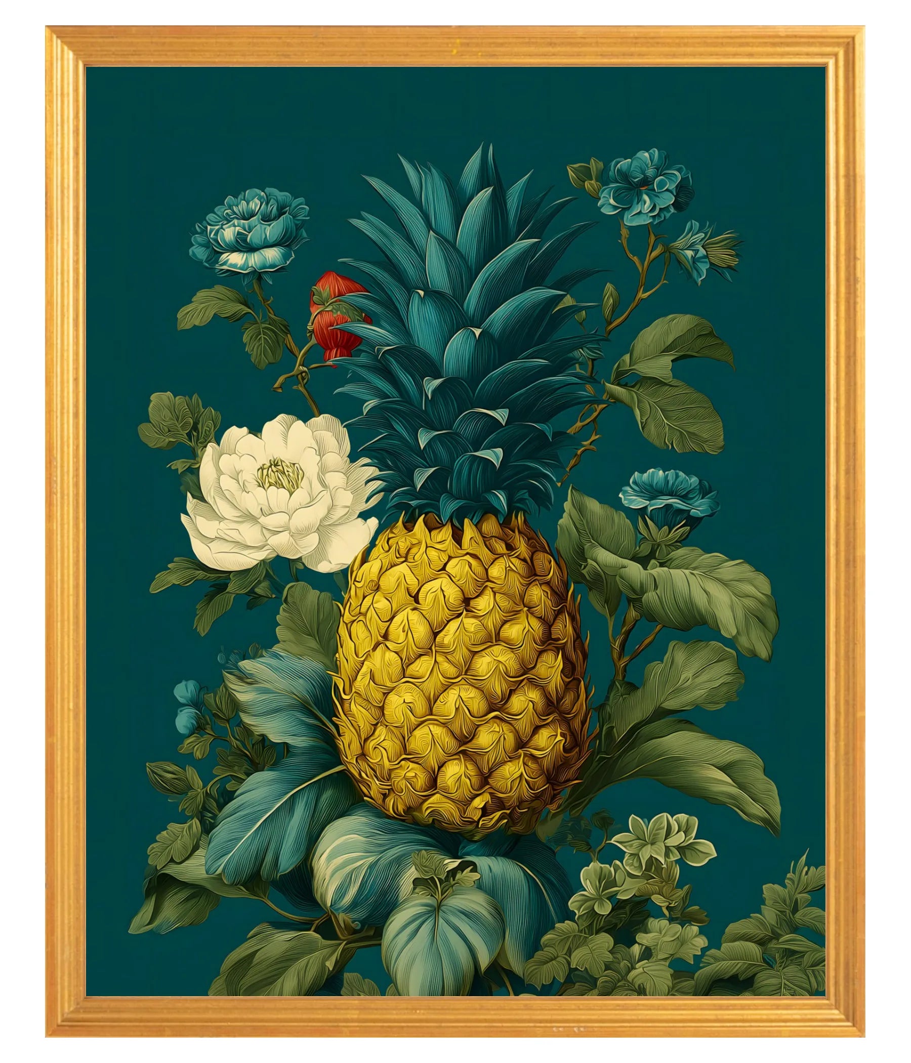 Decorative painting of a pineapple surrounded by flowers and leaves on a teal background, framed in Gold 16" x 20"