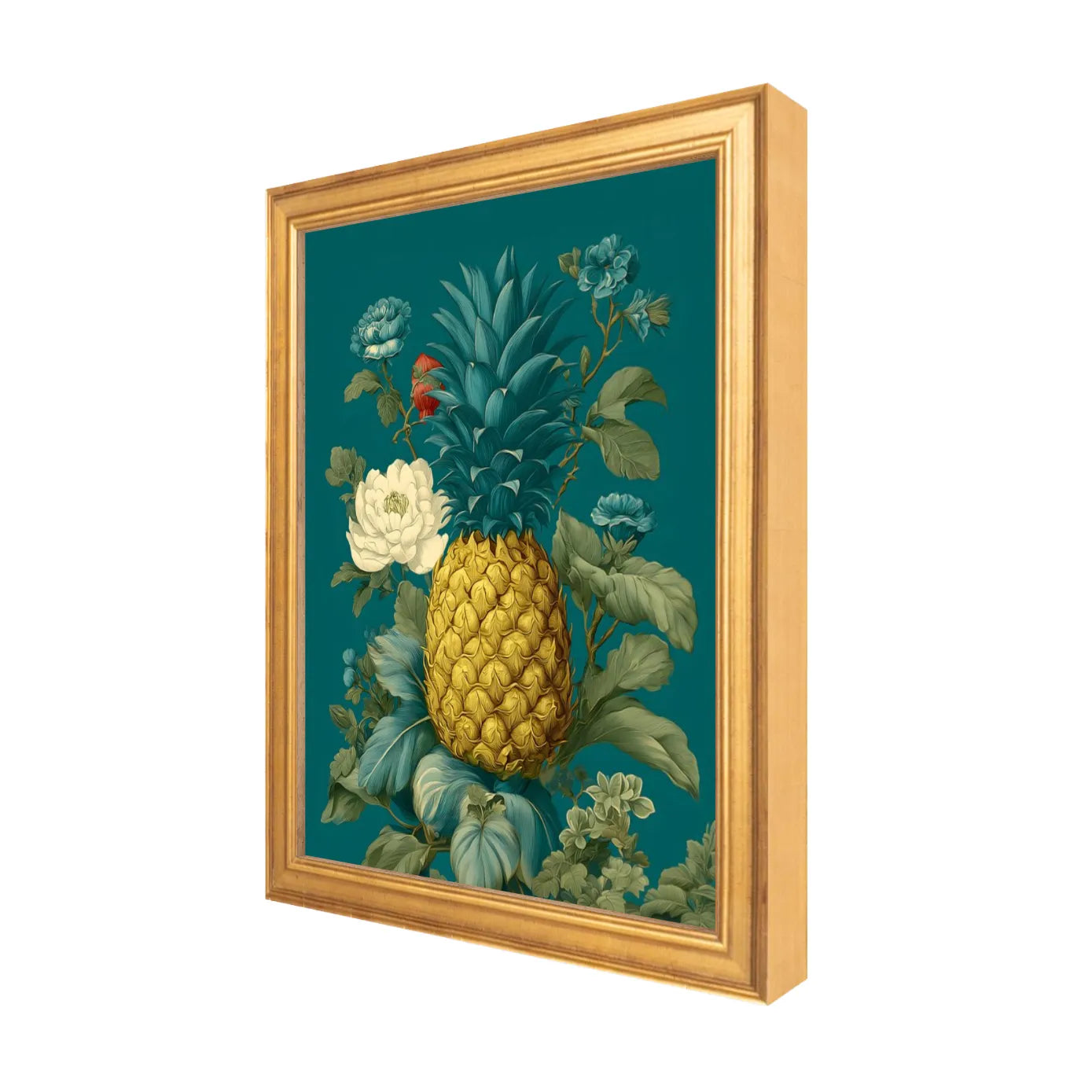 Decorative painting of a pineapple surrounded by flowers and leaves on a teal background, framed in Gold 8" x 10" side view