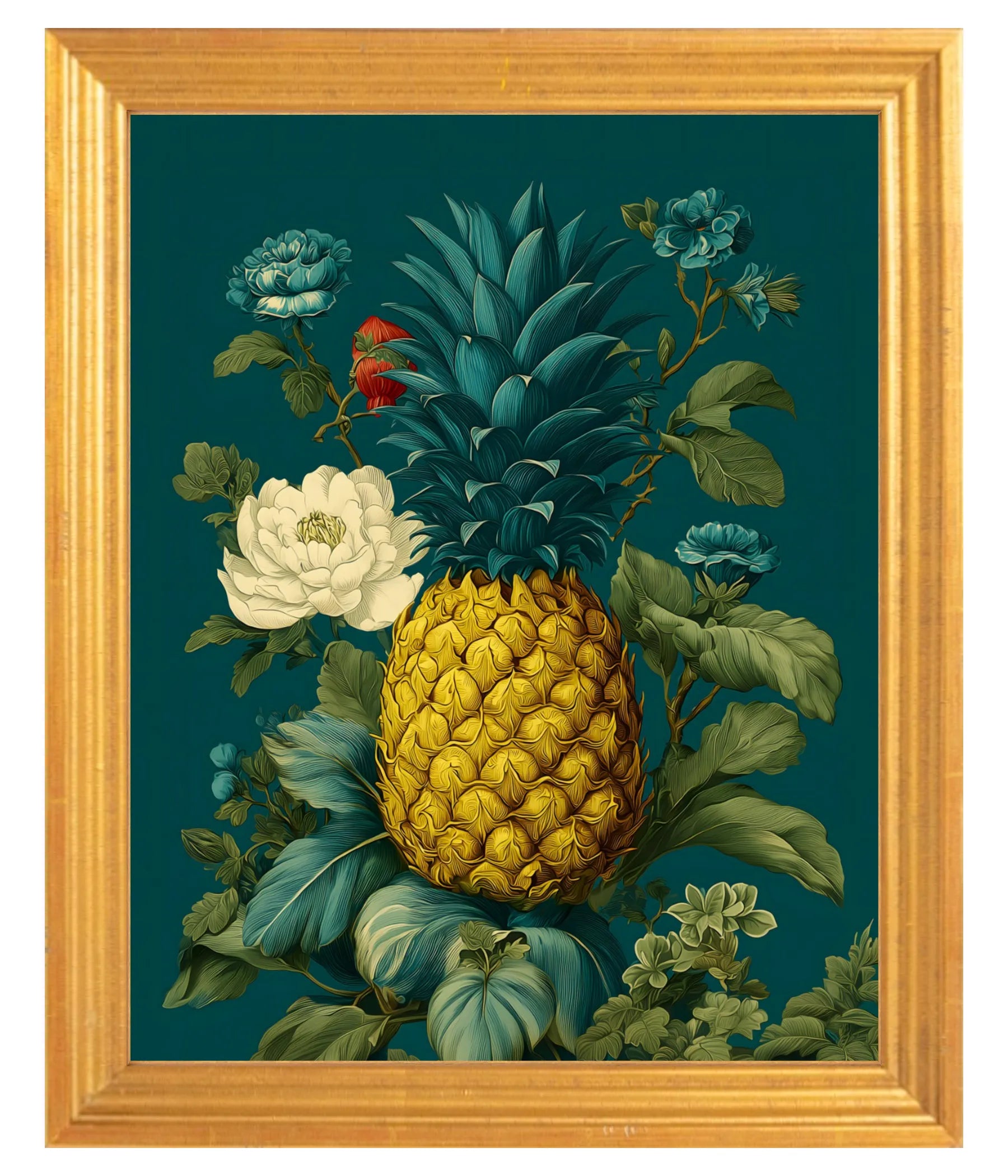 Decorative painting of a pineapple surrounded by flowers and leaves on a teal background, framed in Gold 8" x 10".