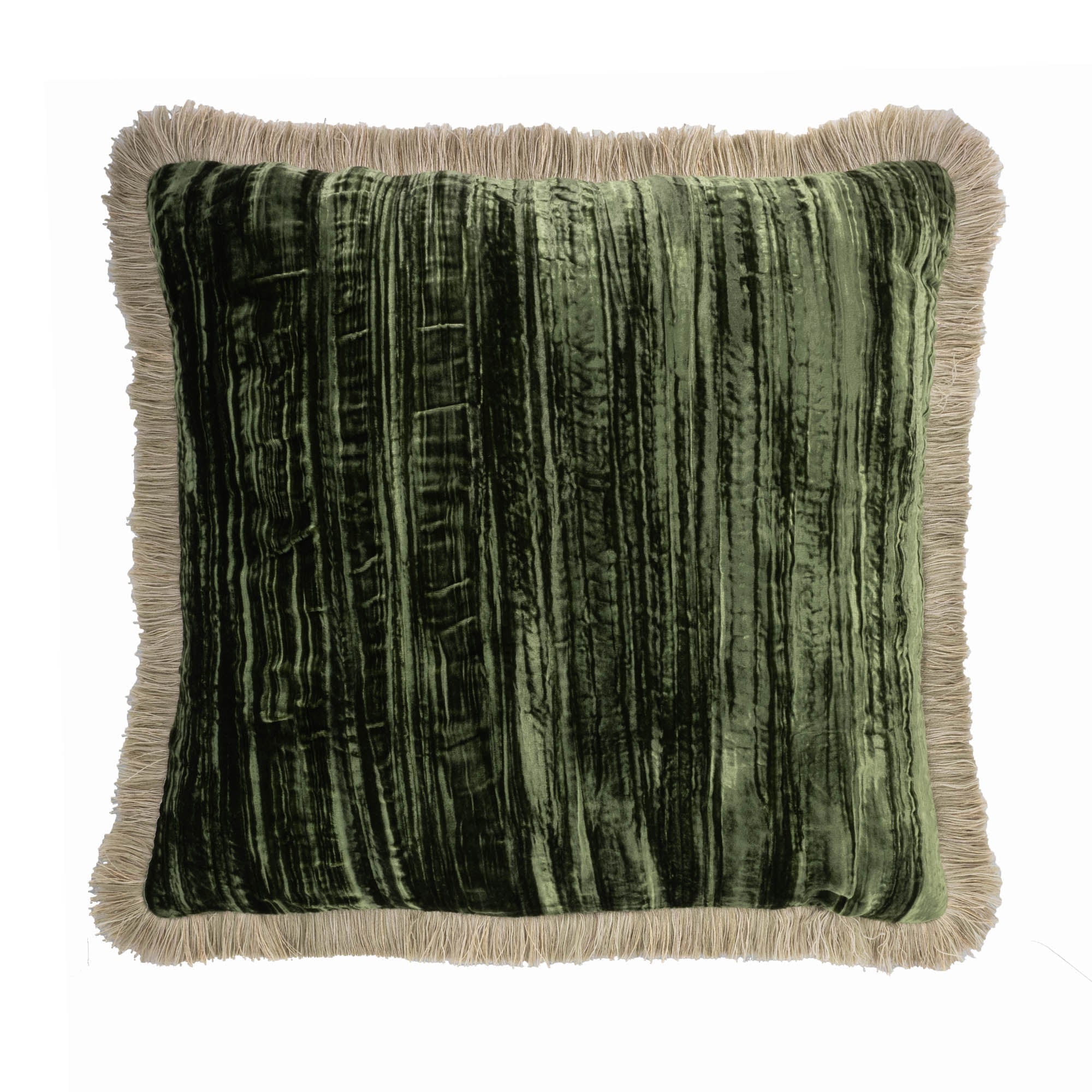 Green fringed silk velvet throw pillow with beige fringes on a white background