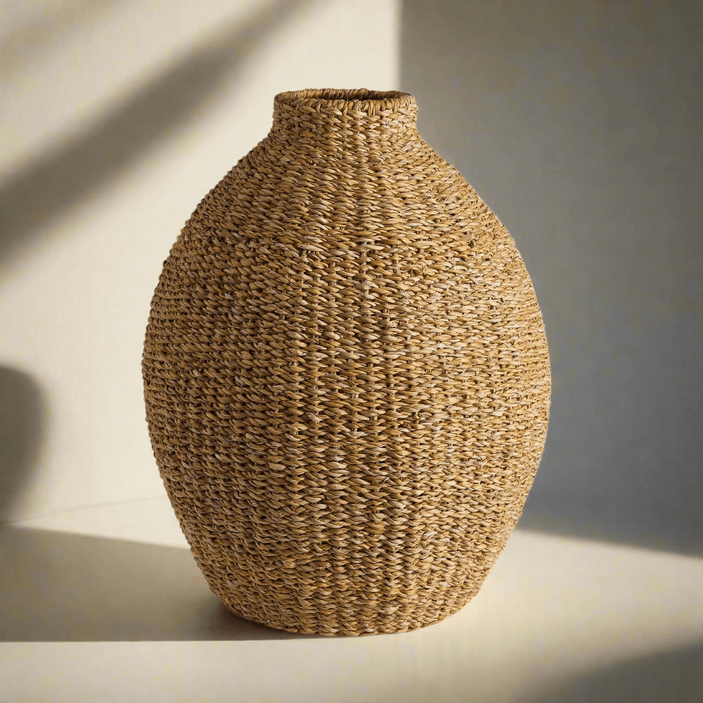 Woven seagrass vase on a light surface with a neutral background