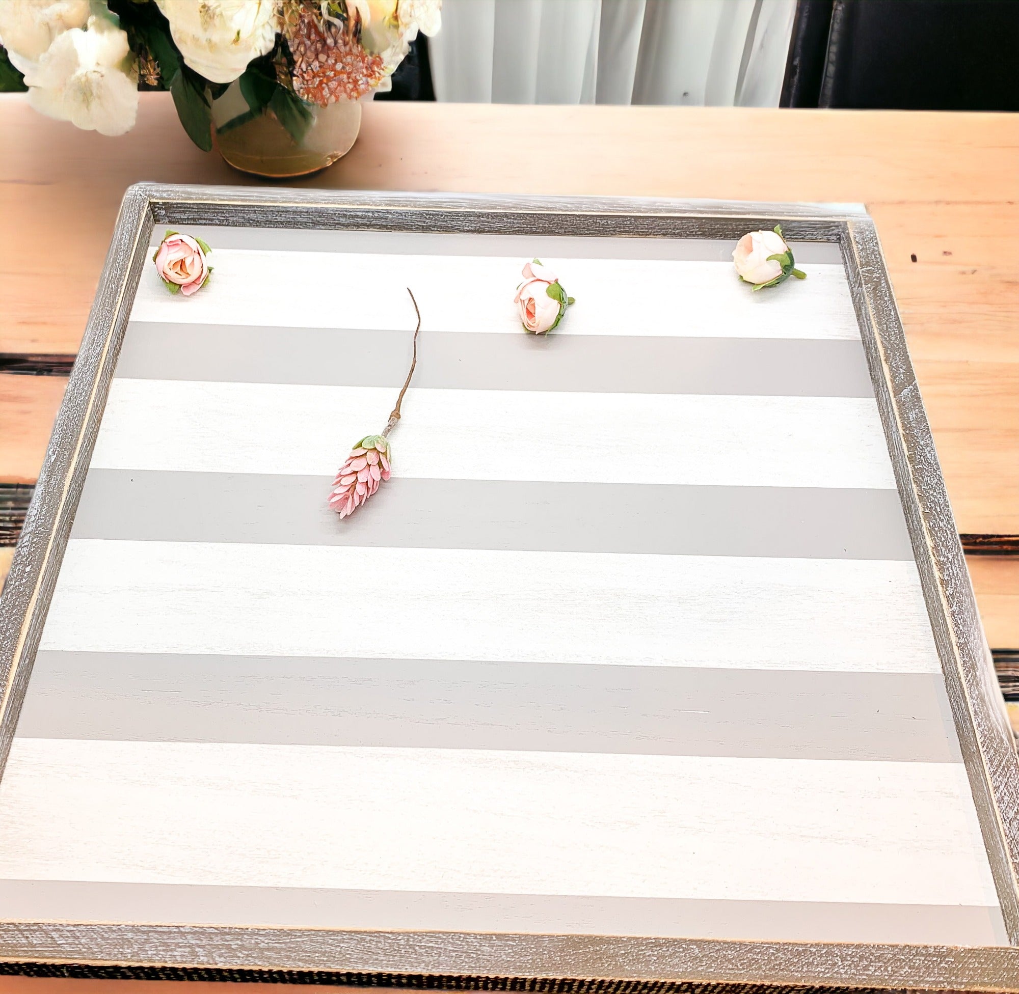 Gray White Striped Wooden Charger Tray 15x15x0.5 Inch Decorative Serving Tray Minimalist Home