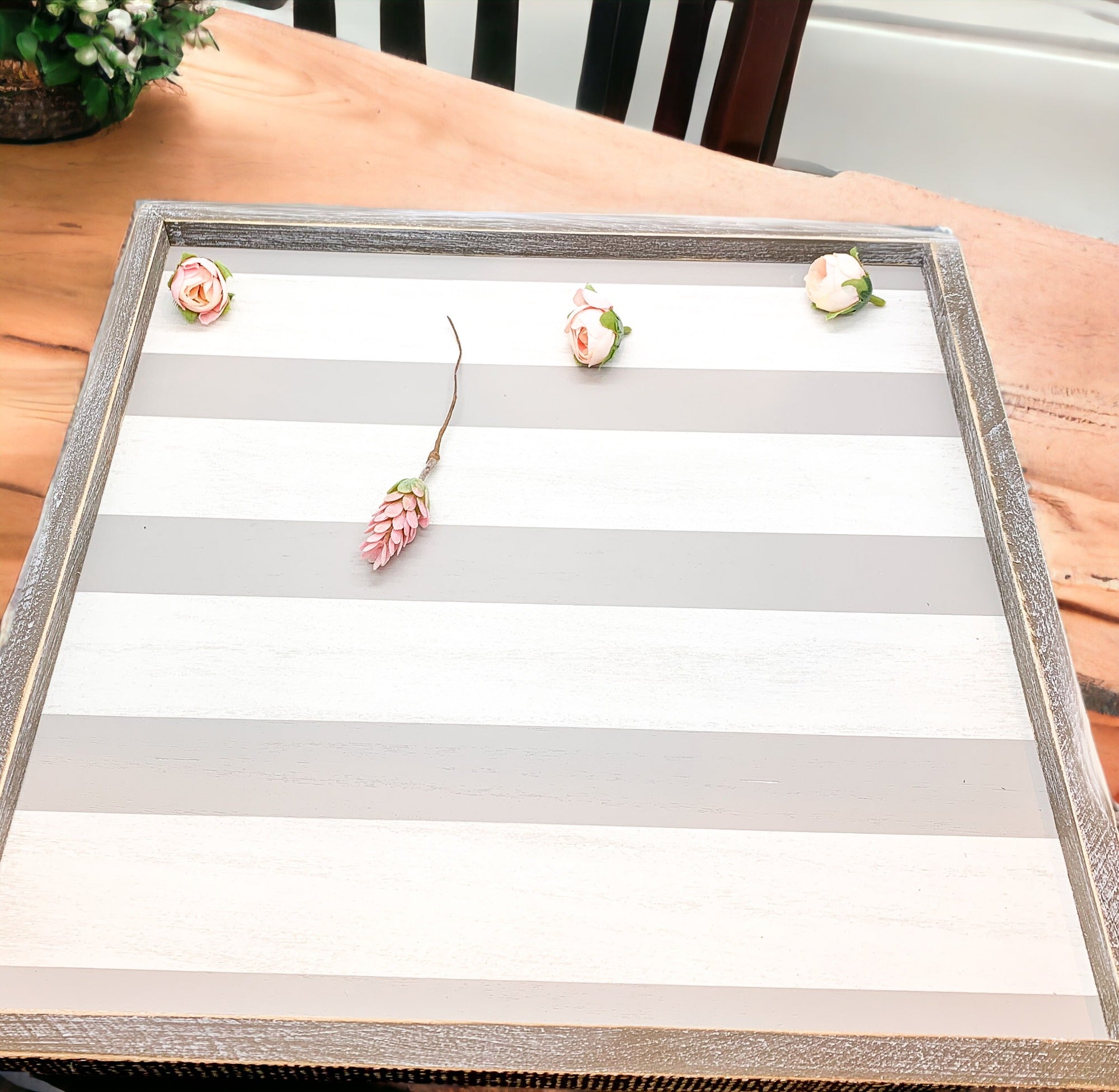 Gray White Striped Wooden Charger Tray 15x15x0.5 Inch Decorative Serving Tray Minimalist Home