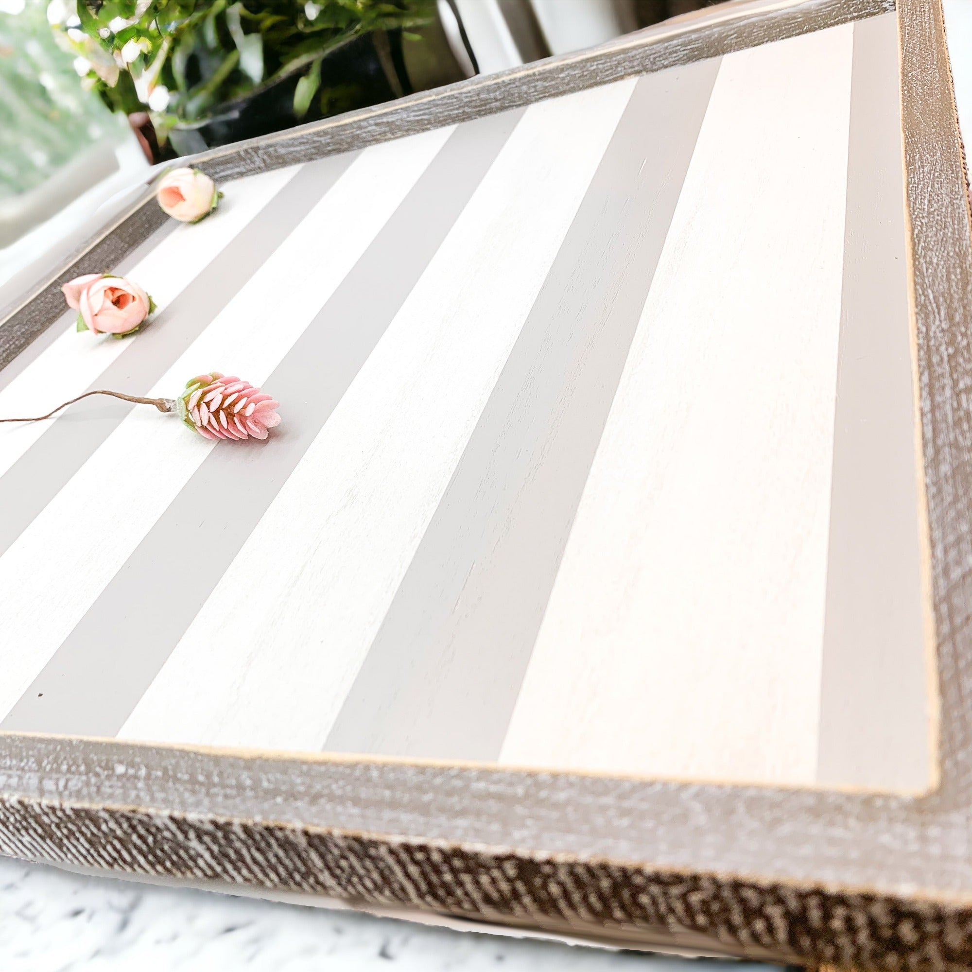 Gray White Striped Wooden Charger Tray 15x15x0.5 Inch Decorative Serving Tray Minimalist Home