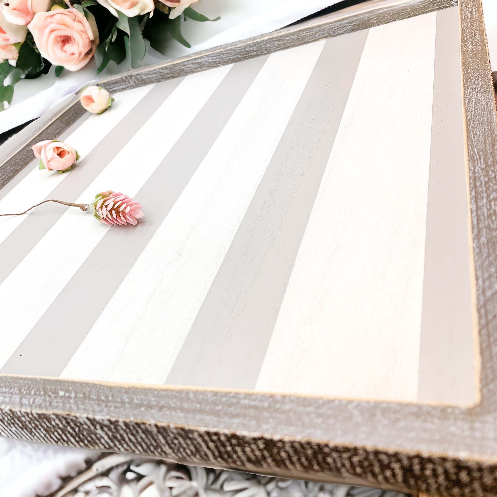 Gray White Striped Wooden Charger Tray 15x15x0.5 Inch Decorative Serving Tray Minimalist Home