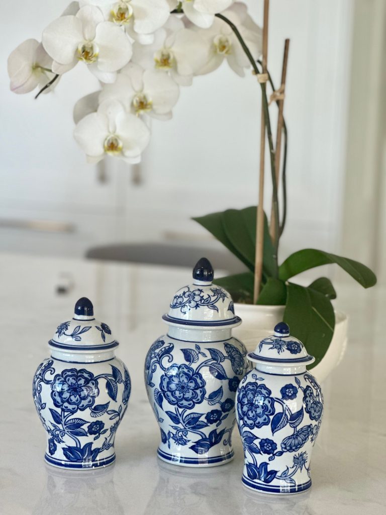 Set of 3 Blue & White Flower Food Safe Temple Jars