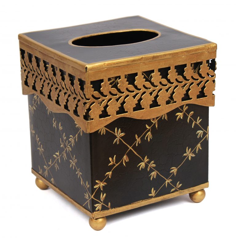 Decorative tissue box cover with black and gold design on a white background