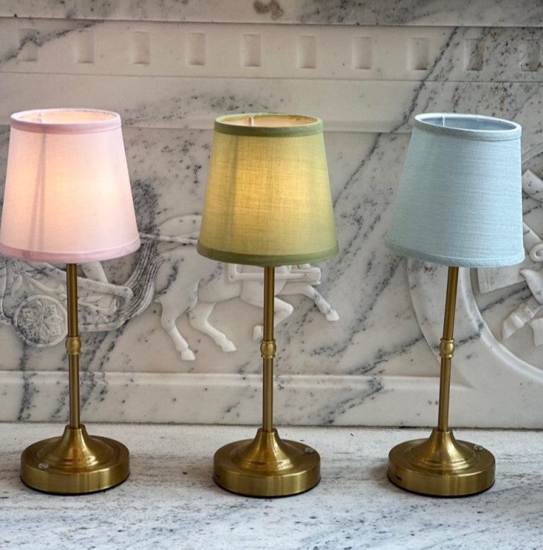 Antique Gold Metal Mini Rechargeable Lamp with Soft Pink Shade