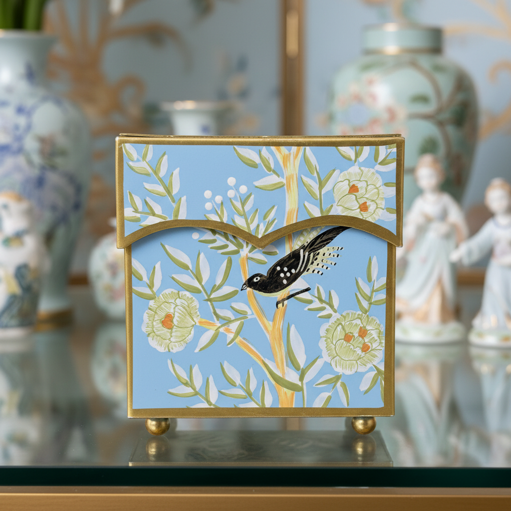 Decorative blue chinoiserie tissue holder with floral and bird design surrounded by decorative vases and figurines.
