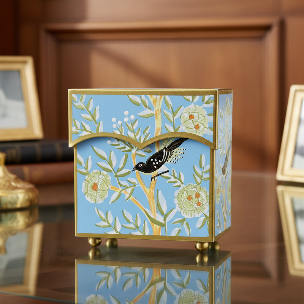 Decorative blue chinoiserie tissue holder with floral and bird design on a desk in a home office
