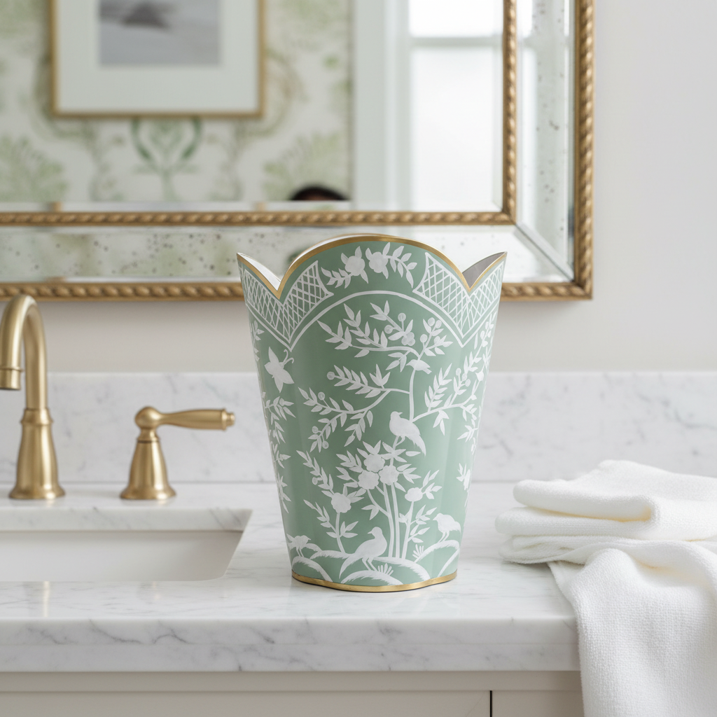 Decorative green trash can with white patterns on a bathroom counter.