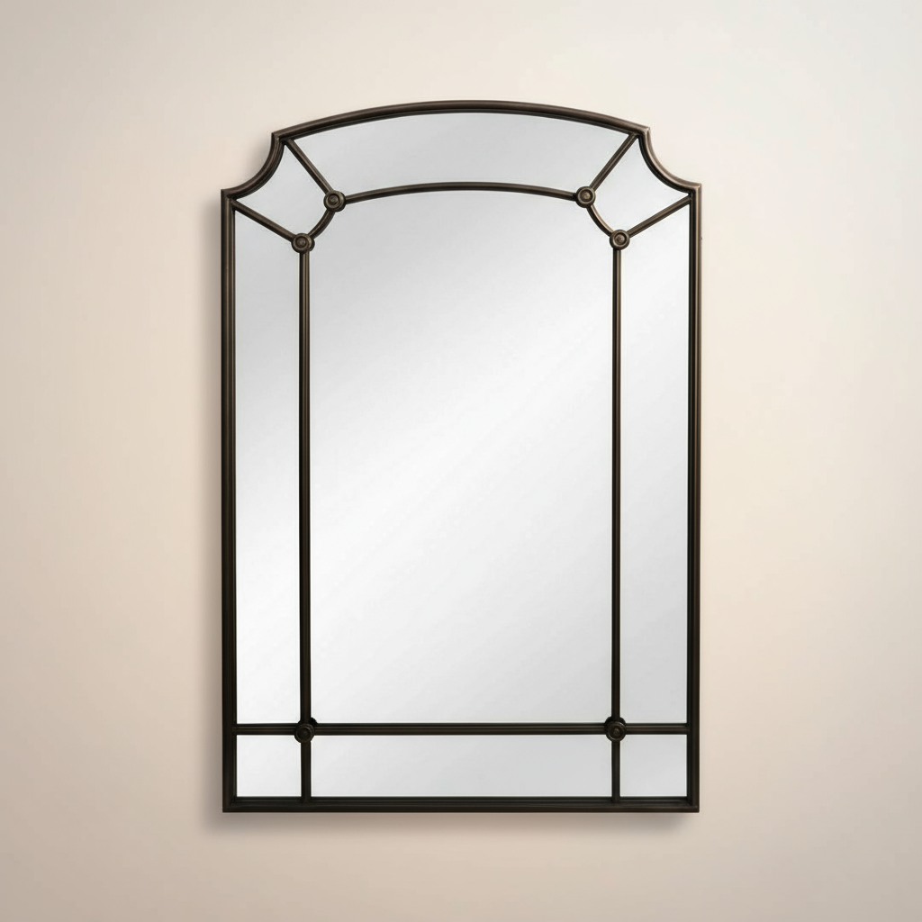 Decorative wall mirror with a black frame on a beige wall