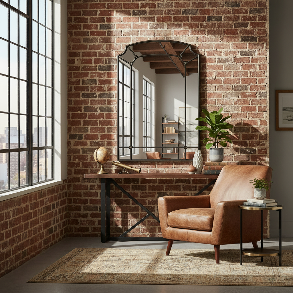 Cozy living room with a brown leather armchair, brick wall, and large window.