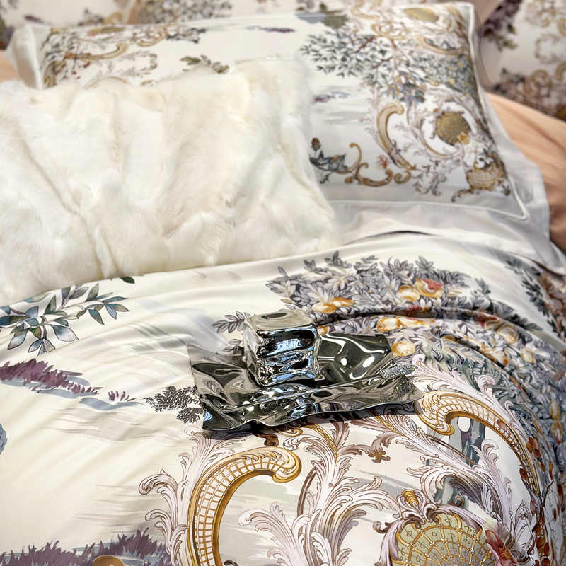 Decorative pillow with intricate patterns on a bed with matching bedding.