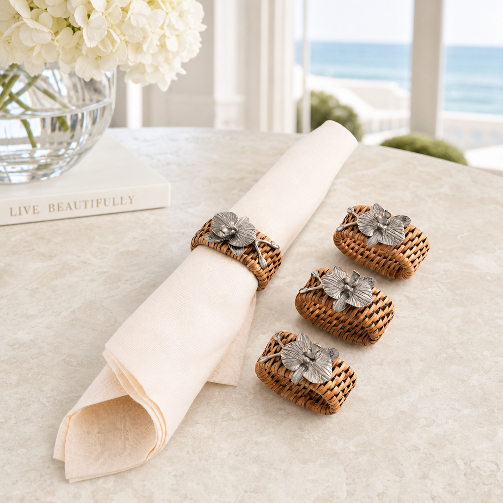 Orchid Hand Woven Wicker Rattan Napkin Ring - Set of 4