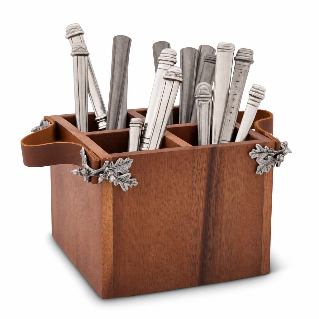 Acorn Oak Leaf Flatware Caddy - Square Box Wood