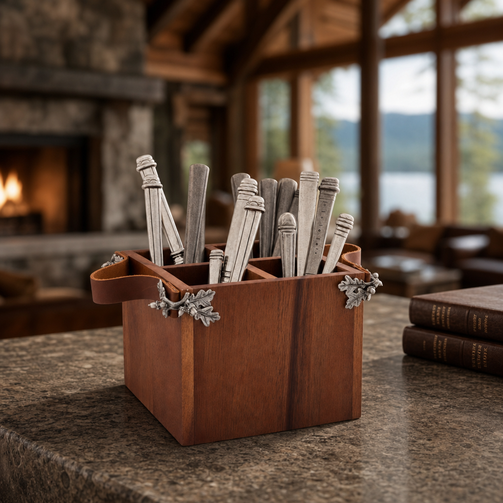 Acorn Oak Leaf Flatware Caddy - Square Box Wood