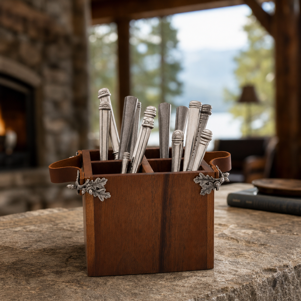 Acorn Oak Leaf Flatware Caddy - Square Box Wood