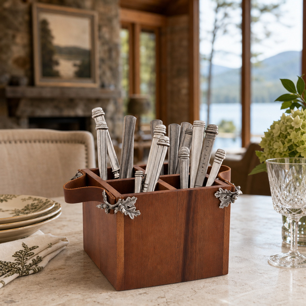 Acorn Oak Leaf Flatware Caddy - Square Box Wood