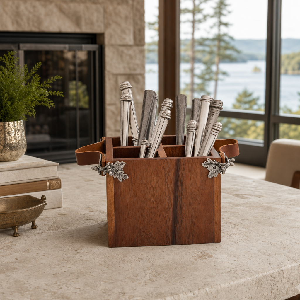 Acorn Oak Leaf Flatware Caddy - Square Box Wood