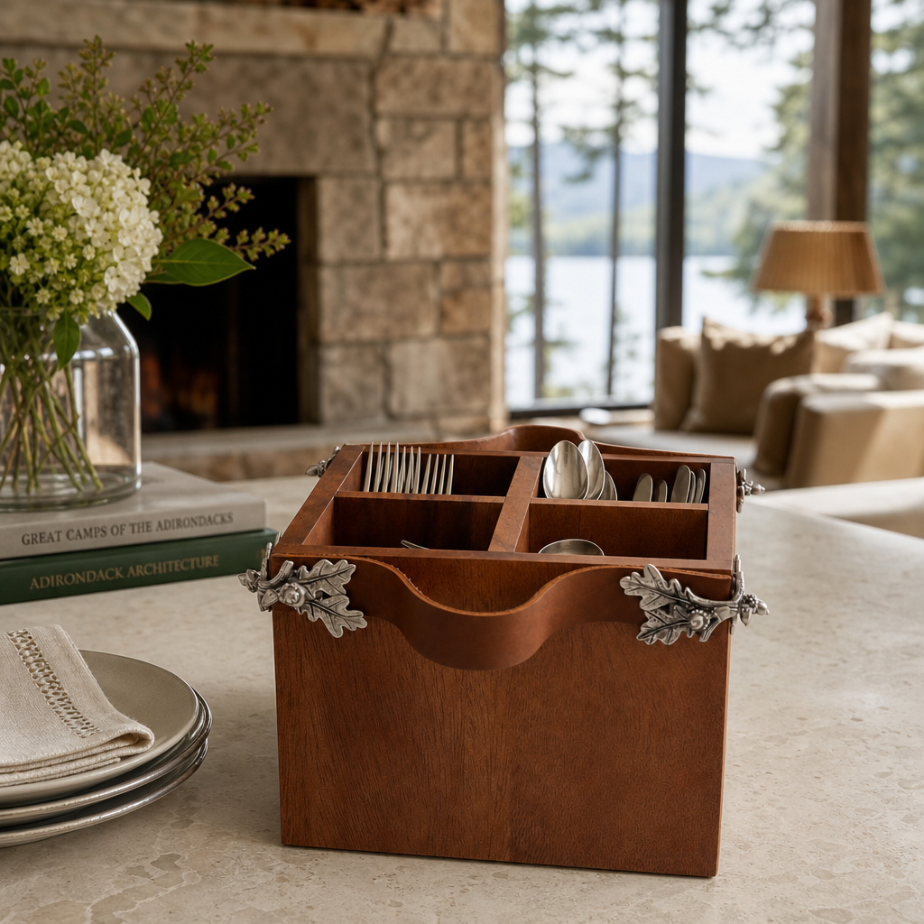 Acorn Oak Leaf Flatware Caddy - Square Box Wood