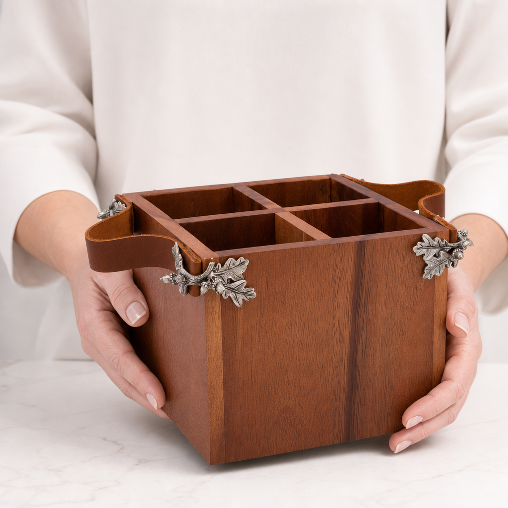 Acorn Oak Leaf Flatware Caddy - Square Box Wood