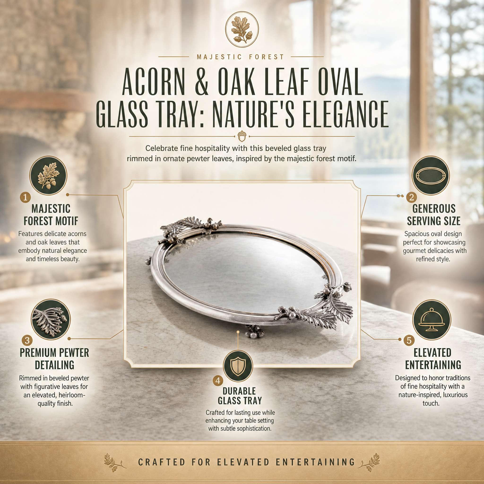 Acorn & Oak Leaf Oval Glass Tray