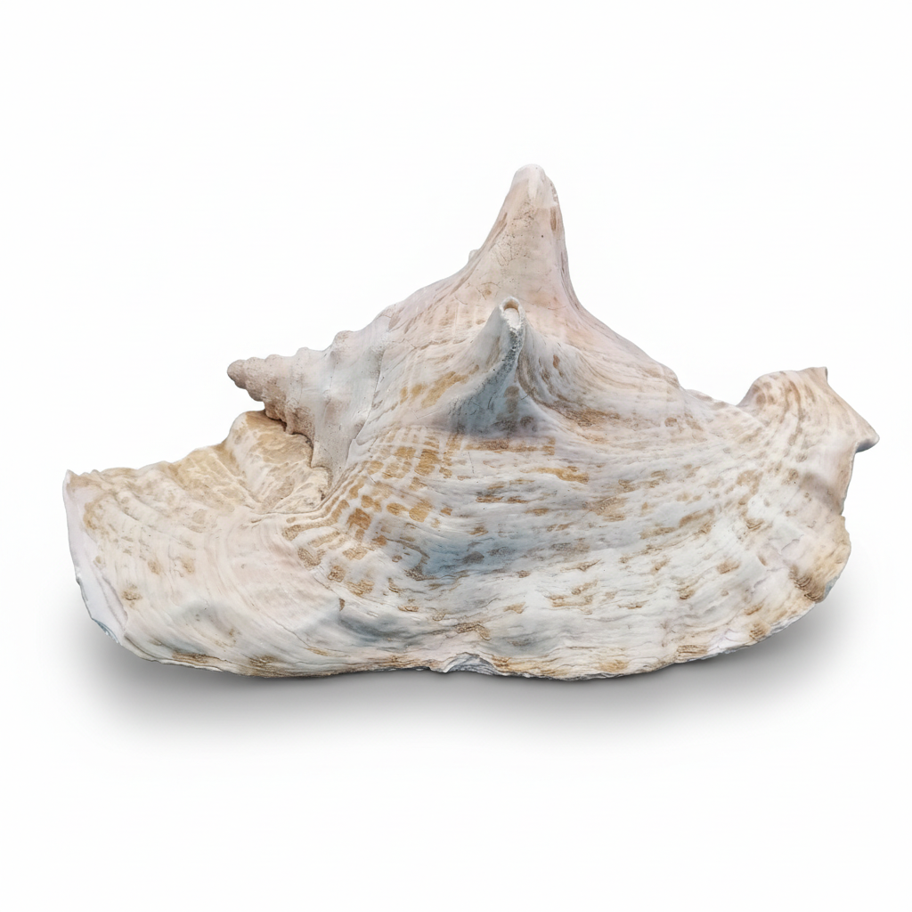 Side profile of a large genuine 9" Pink Queen Conch Display Shell – NON PIERCED (Strombus Gigas) on a white background
