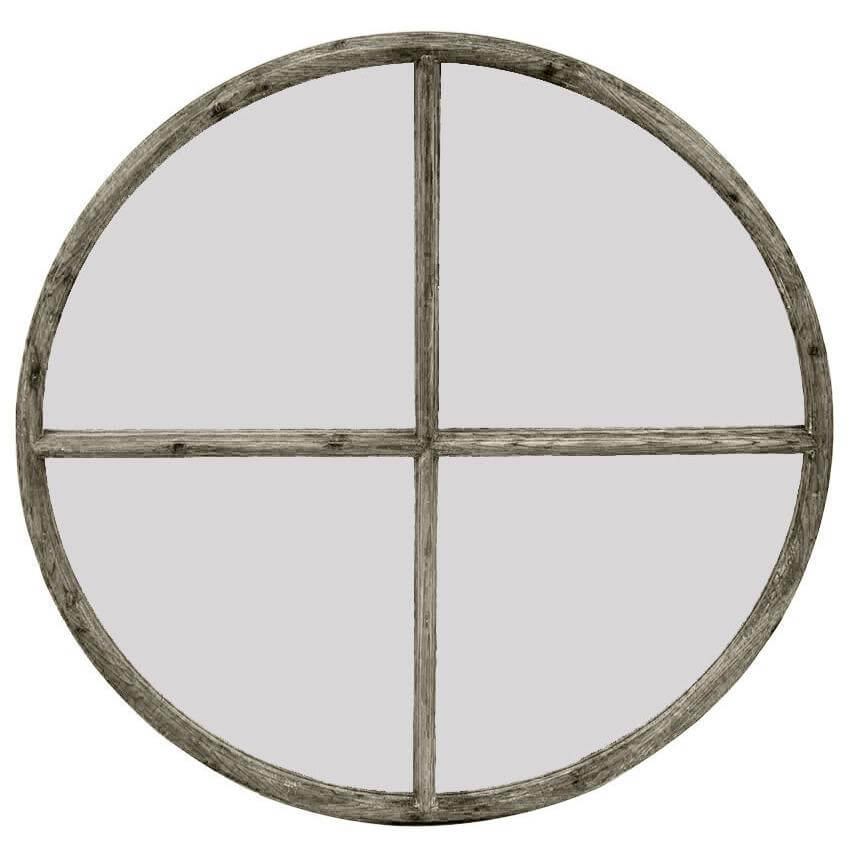 Round mirror with wooden frame divided into four quadrants on a white background