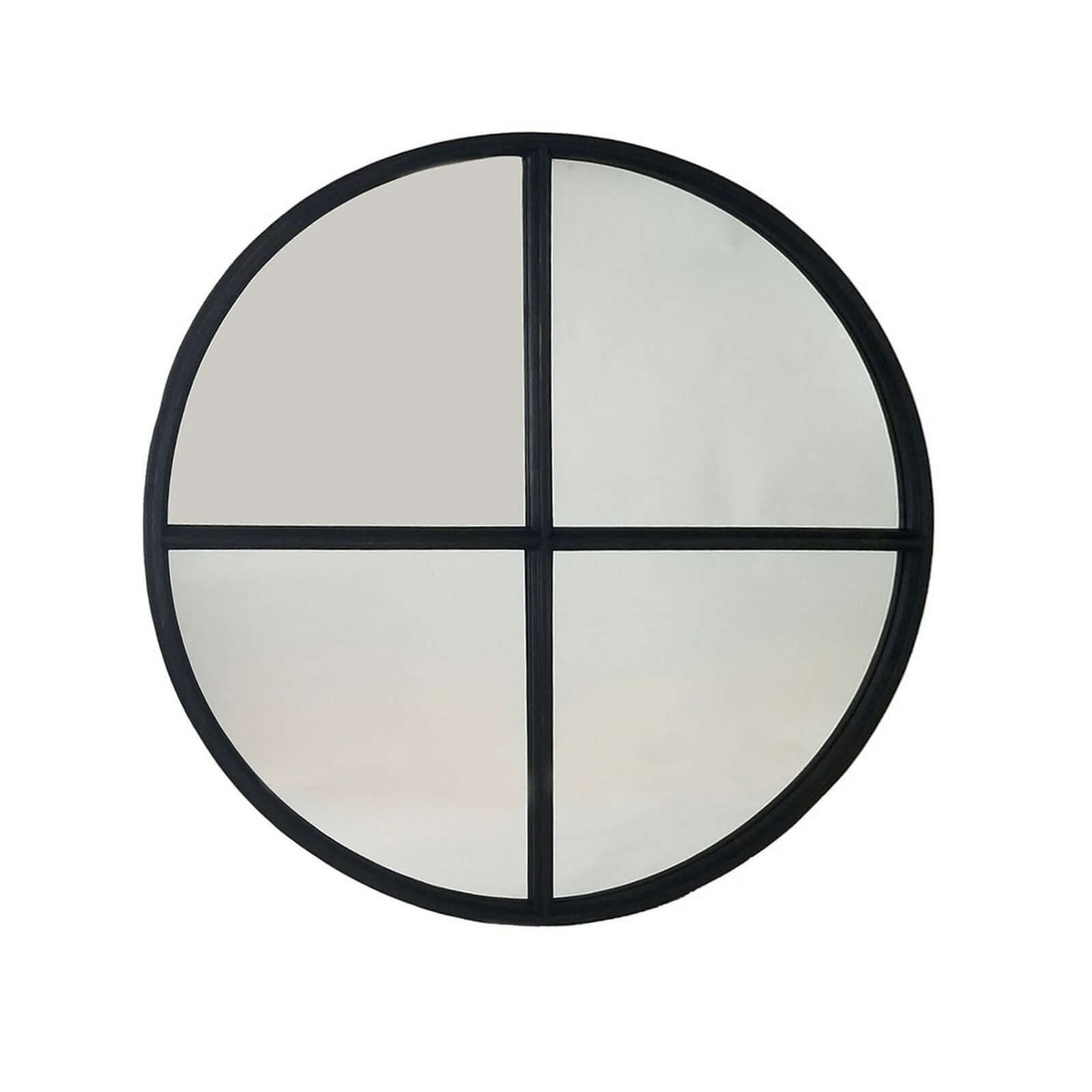 Round mirror with black frame on a white background
