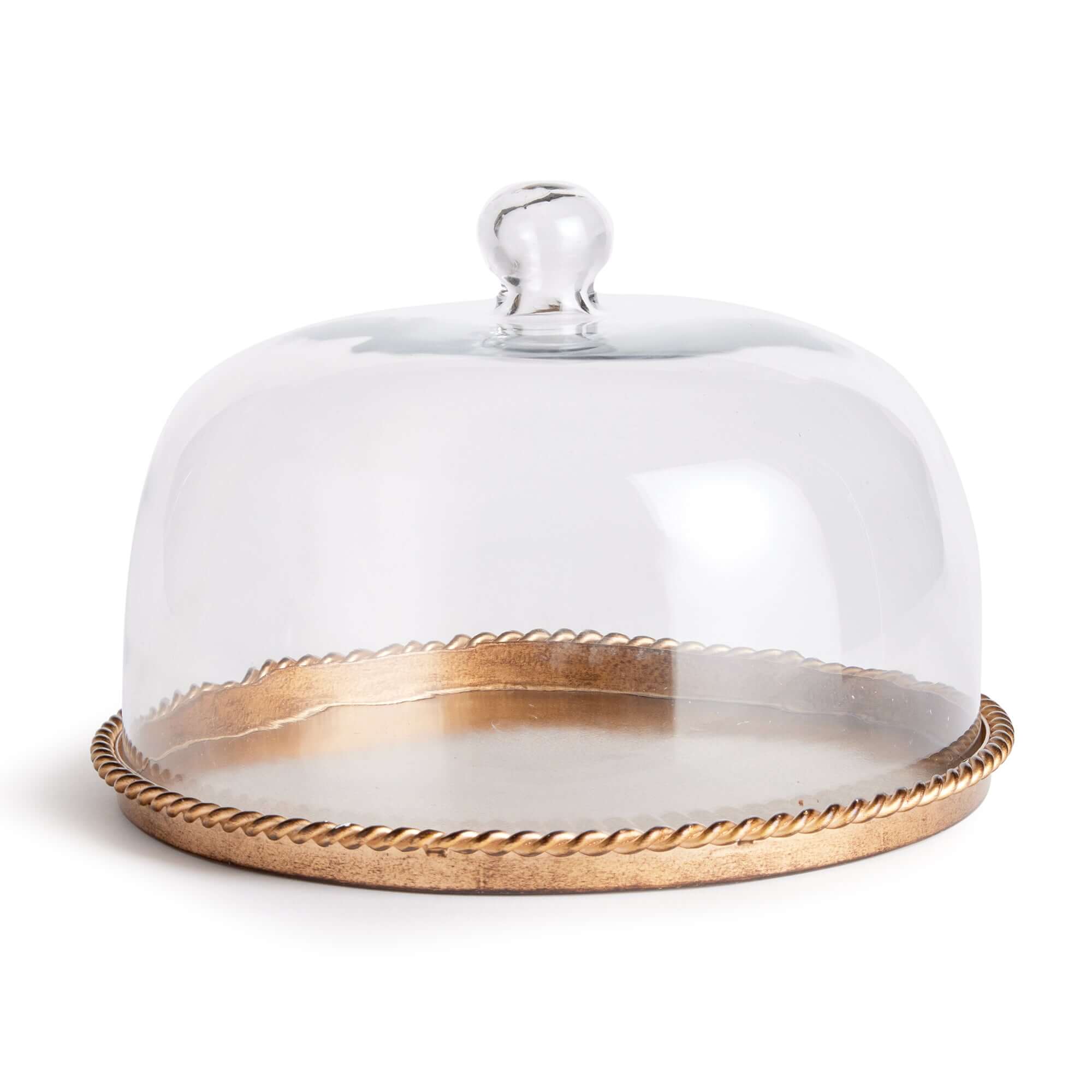 Clear glass dome with gold rim on a white background