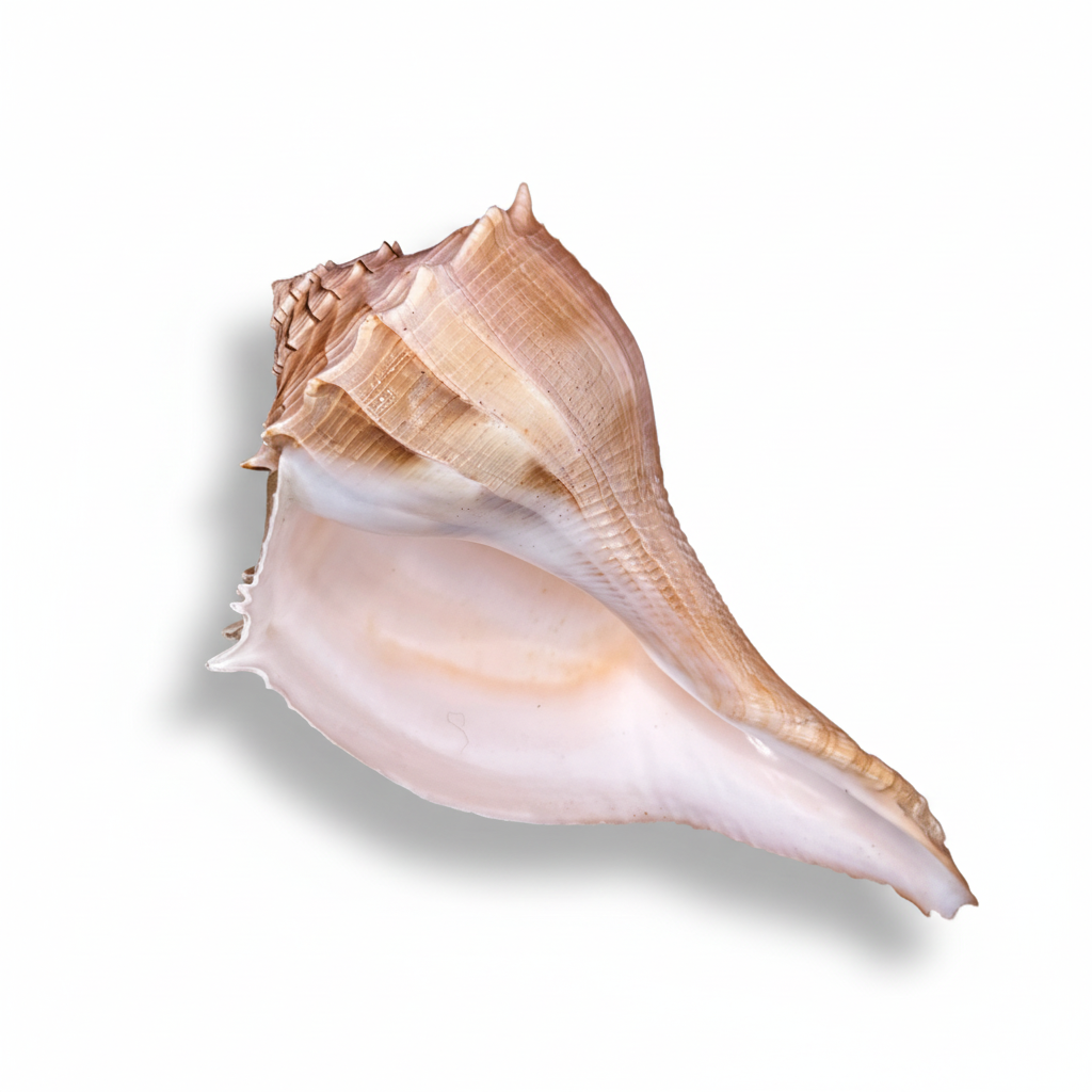 Genuine 10 inch large lightning whelk shell on a white background