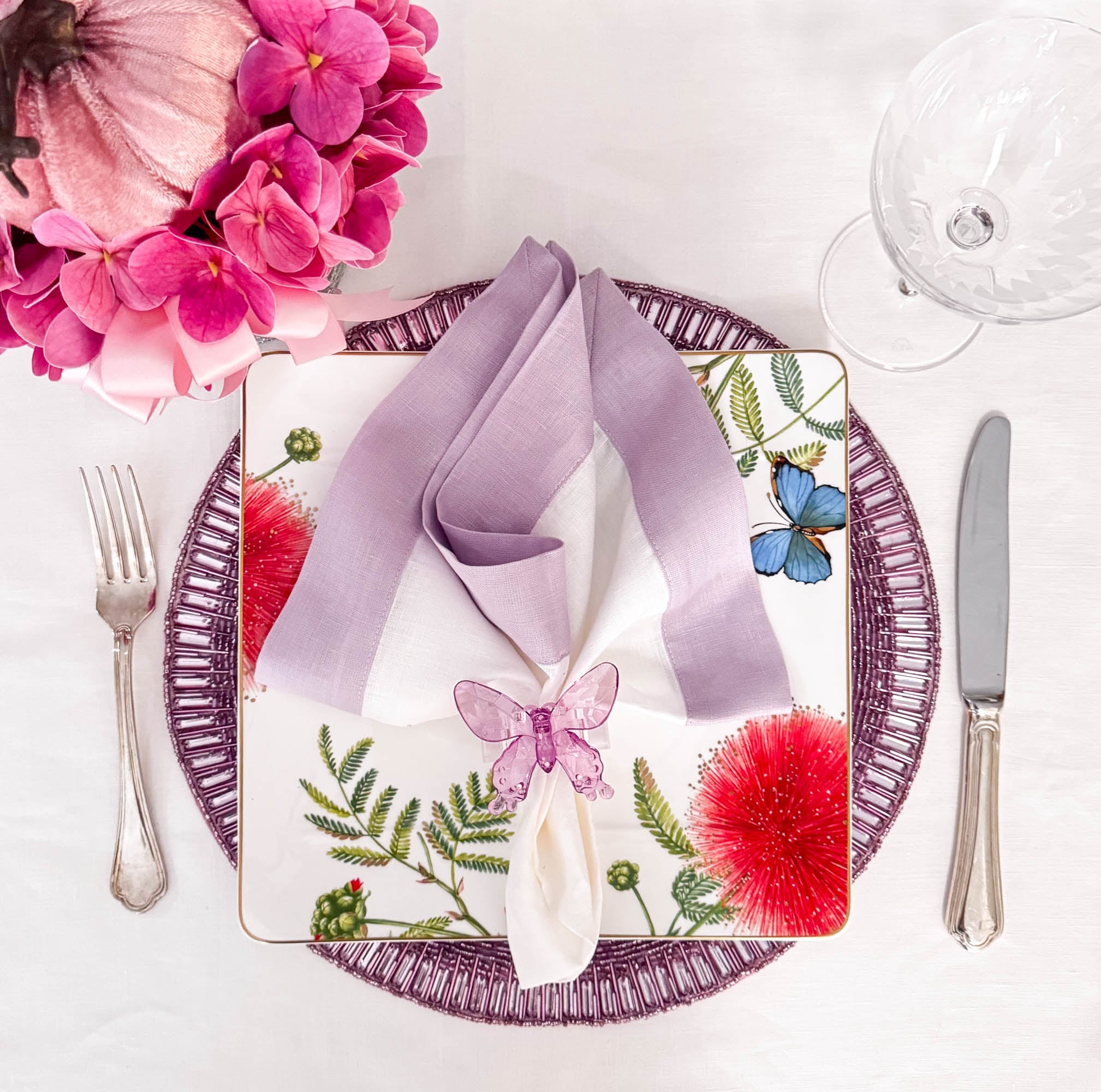 Lilac Linen Napkins with Double Sided Borders, Set of 4