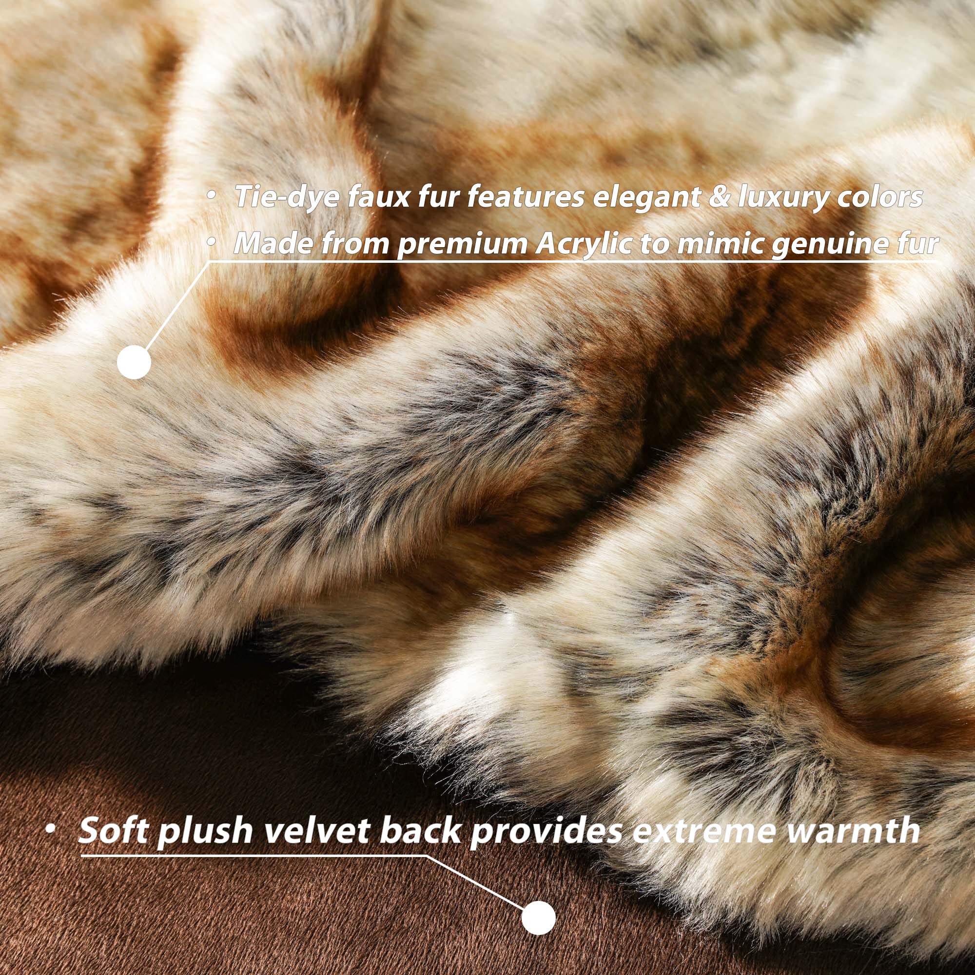 Close-up of tie-dye faux fur with text highlighting features