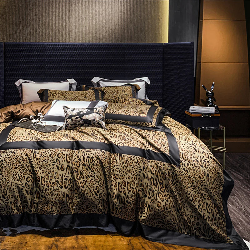 Bedroom with leopard print bedding and dark headboard