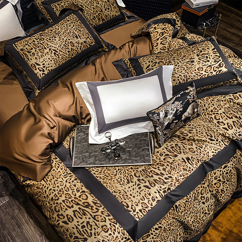 Leopard print bedding seen from above