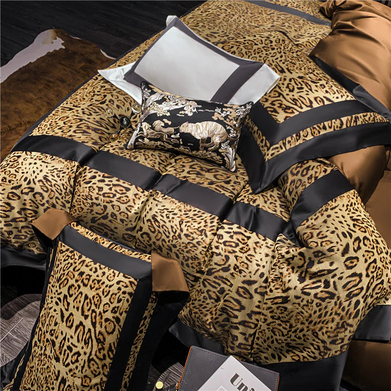 Leopard print bedding seen from overhead