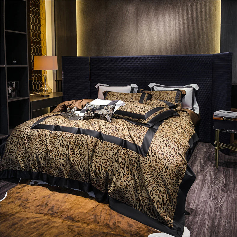 Bedroom with leopard print bedding and dark wood headboard