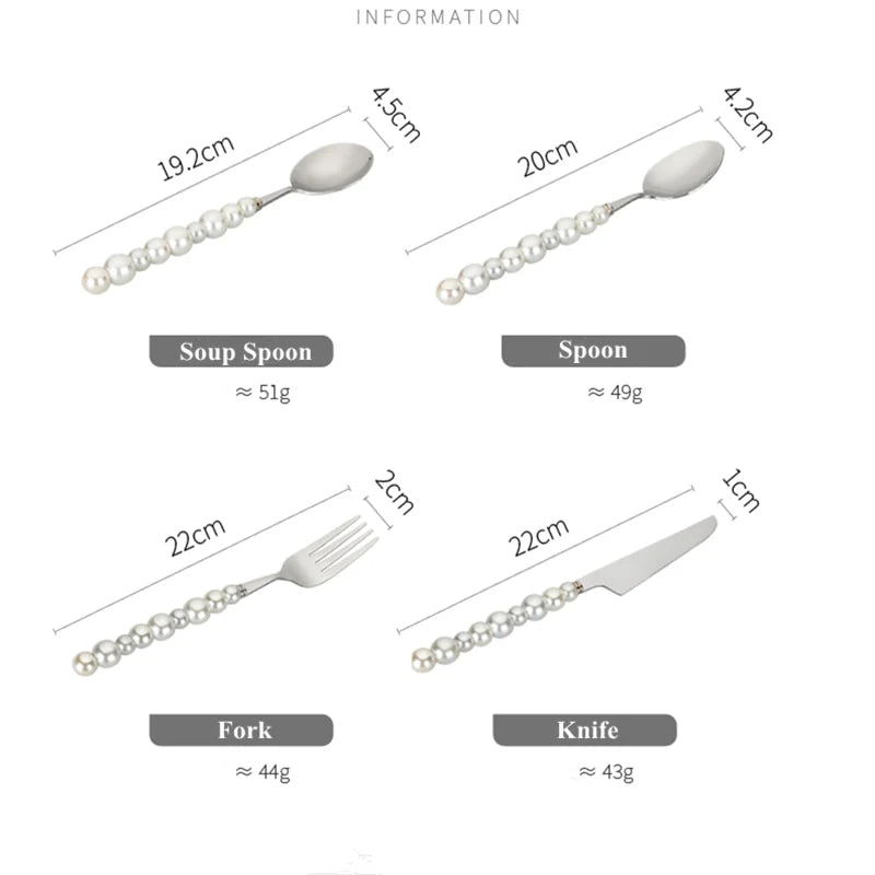 Measurement chart of pearl-handled cutlery including spoon, fork, and knife with dimensions and weight.