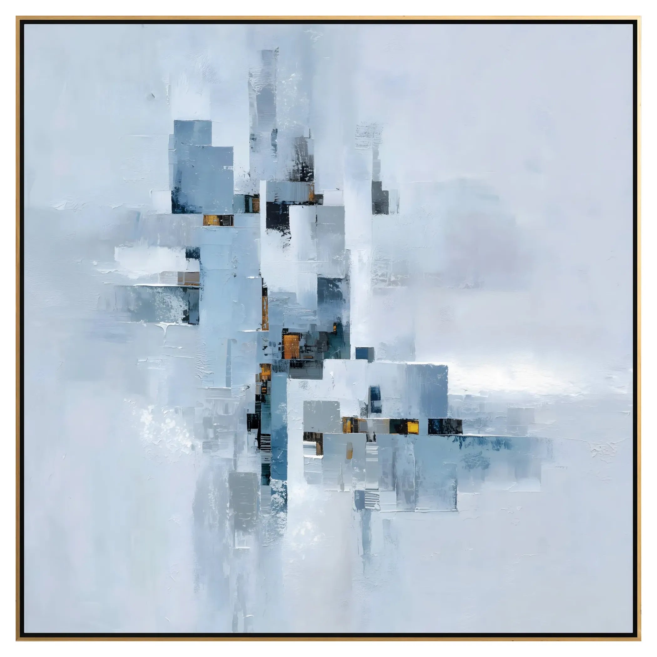 Abstract art piece with geometric shapes on a light blue background